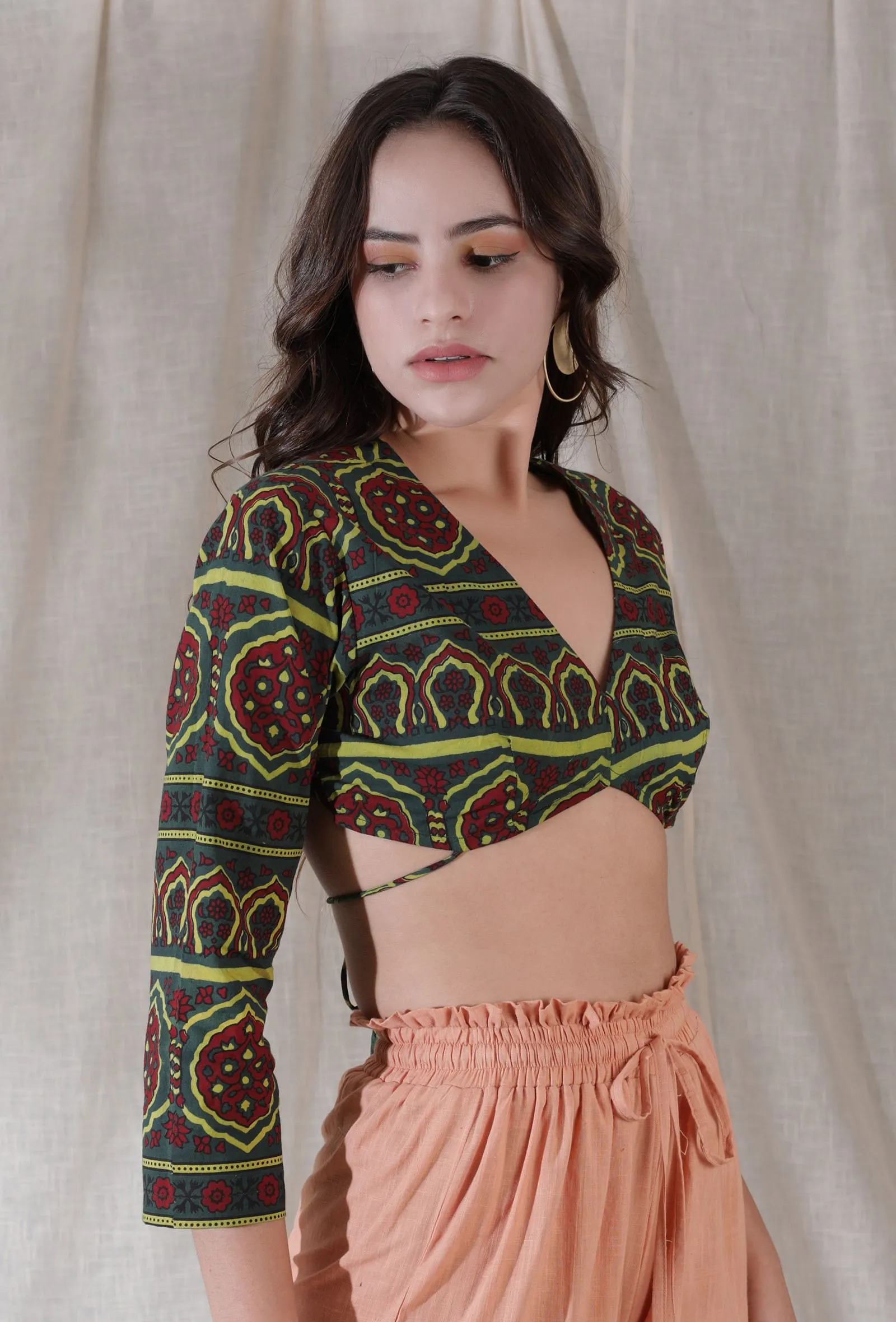 Phitalo green color cotton blockprinted motifs crop top blouse