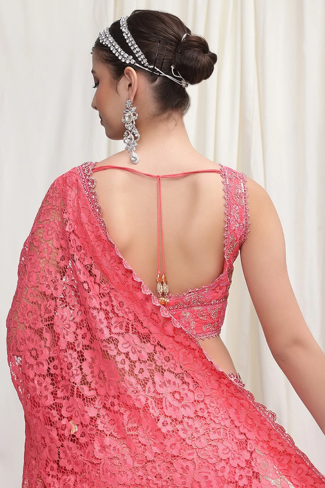Pink Lace Net Saree with Embroidered Blouse