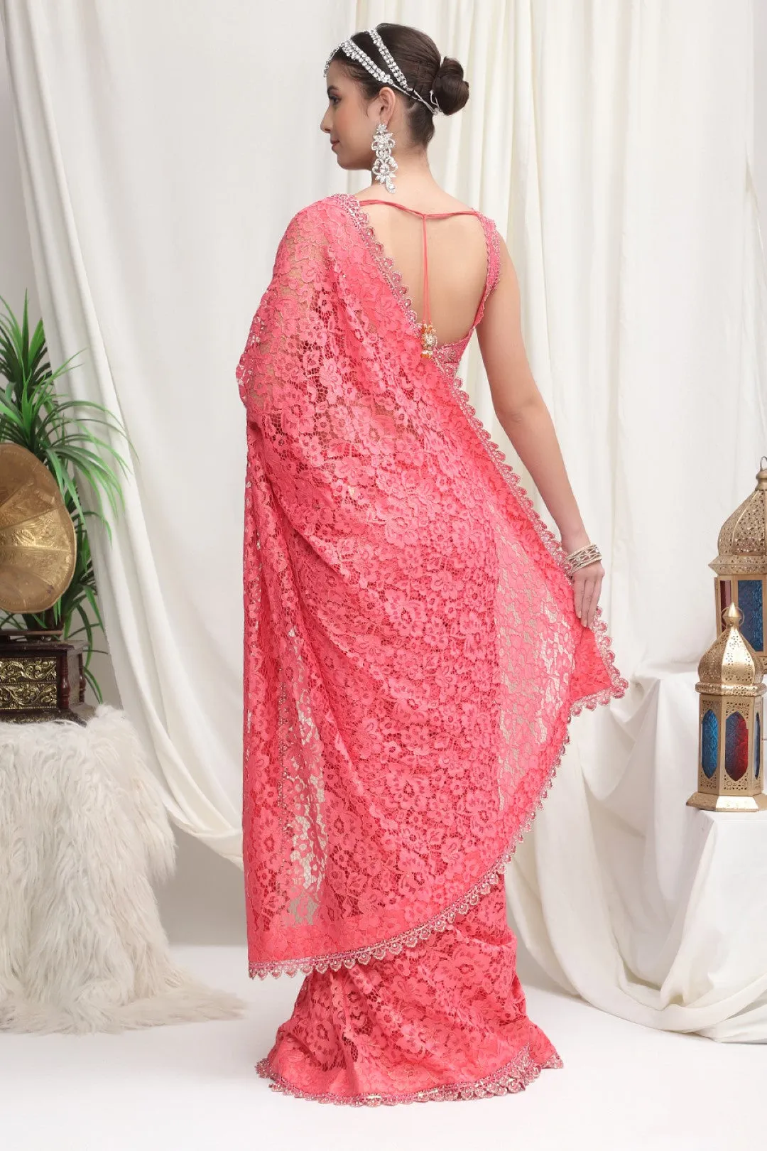 Pink Lace Net Saree with Embroidered Blouse