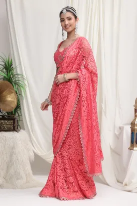 Pink Lace Net Saree with Embroidered Blouse
