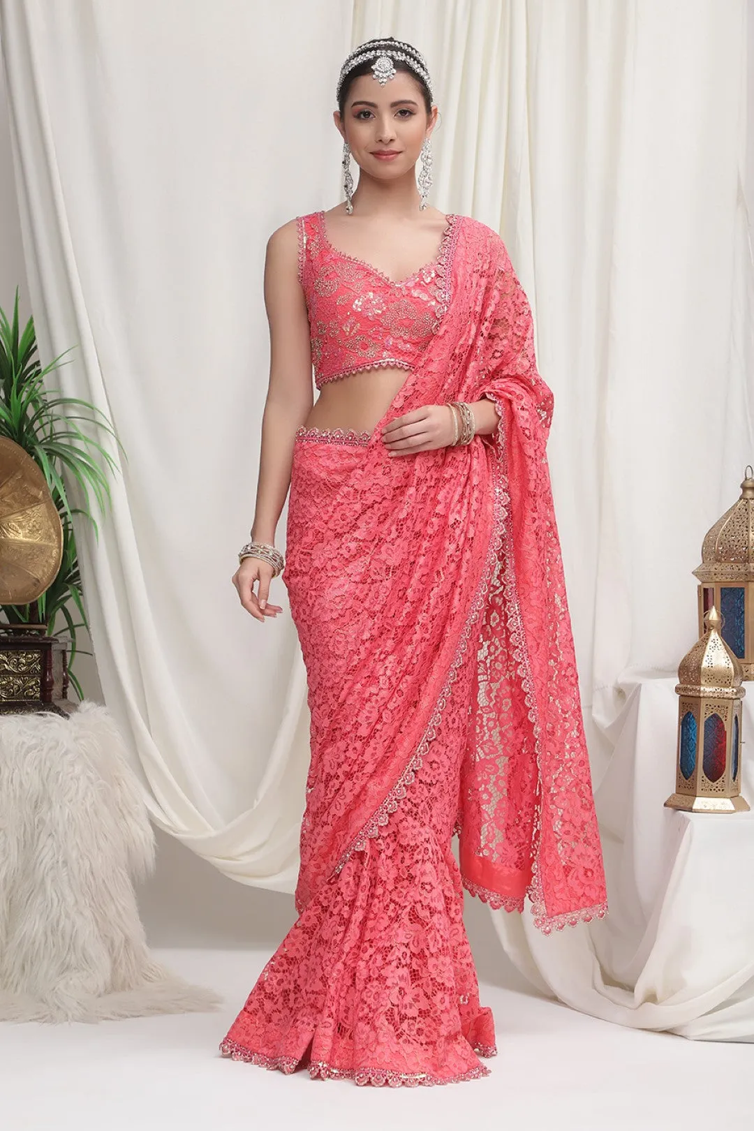 Pink Lace Net Saree with Embroidered Blouse