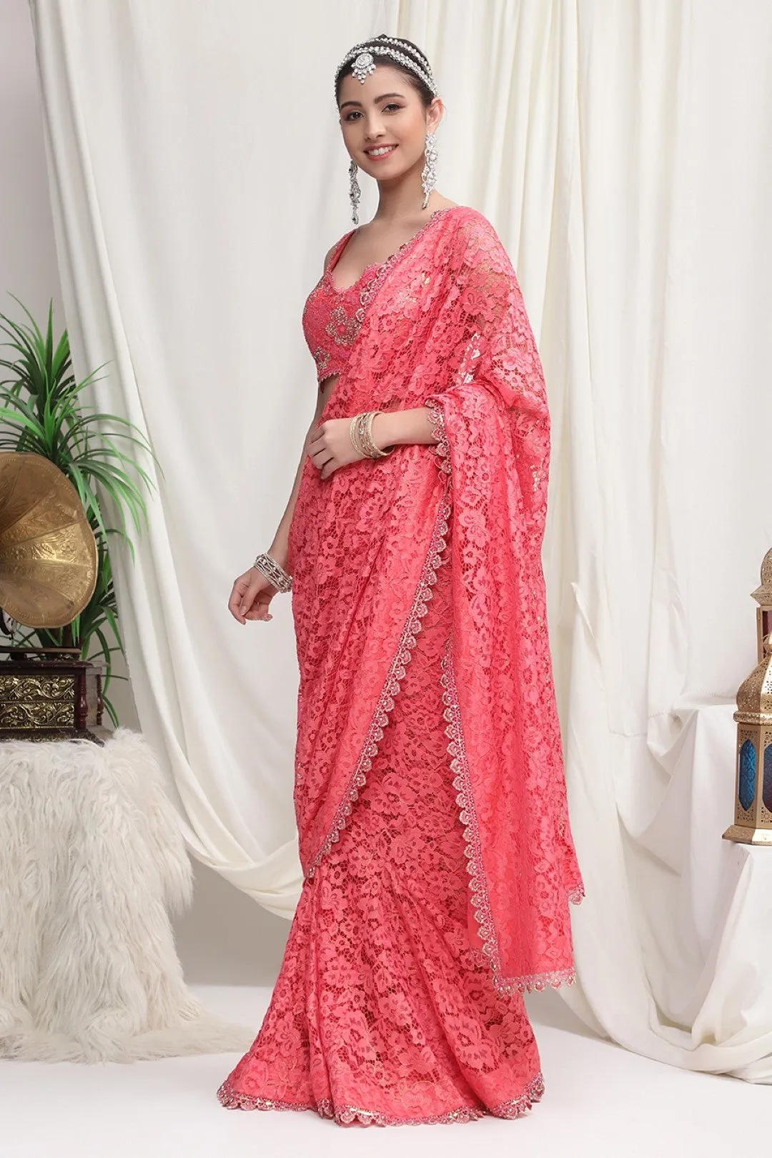 Pink Lace Net Saree with Embroidered Blouse