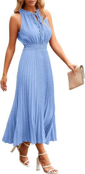 PRETTYGARDEN Women's Midi Summer Dresses Casual V Neck Swiss Dot Ruffle Sleeveless A Line Beach Sun Dress