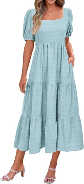 PRETTYGARDEN Women's Summer Dresses 2025 Puff Sleeve Square Neck High Waist Smocked A-Line Flowy Loose Fit Midi Dress