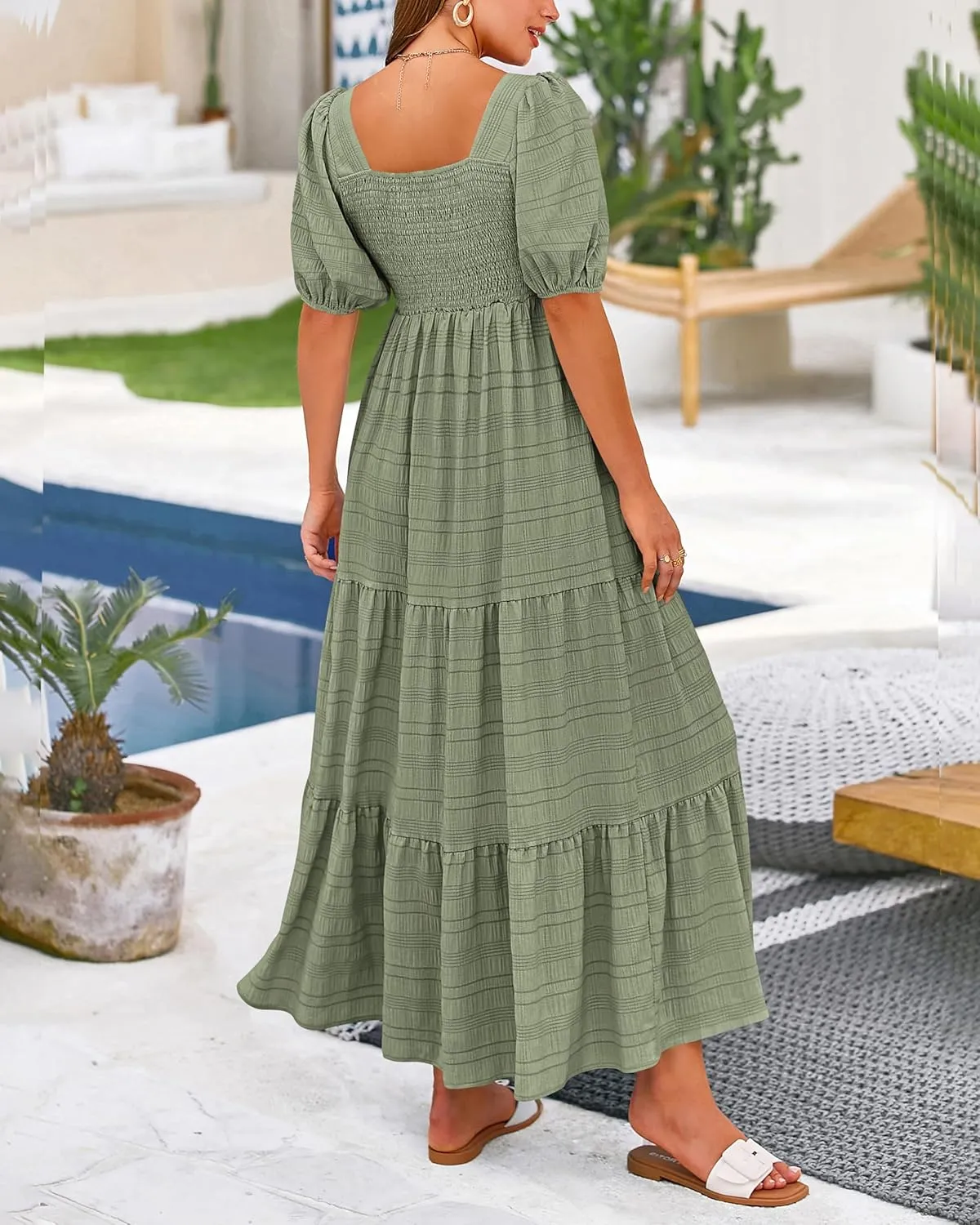 PRETTYGARDEN Women's Summer Dresses 2025 Puff Sleeve Square Neck High Waist Smocked A-Line Flowy Loose Fit Midi Dress