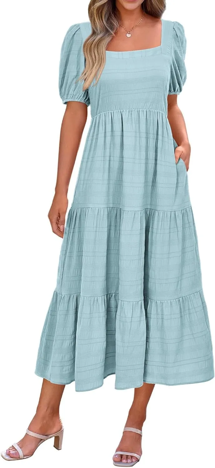 PRETTYGARDEN Women's Summer Dresses 2025 Puff Sleeve Square Neck High Waist Smocked A-Line Flowy Loose Fit Midi Dress