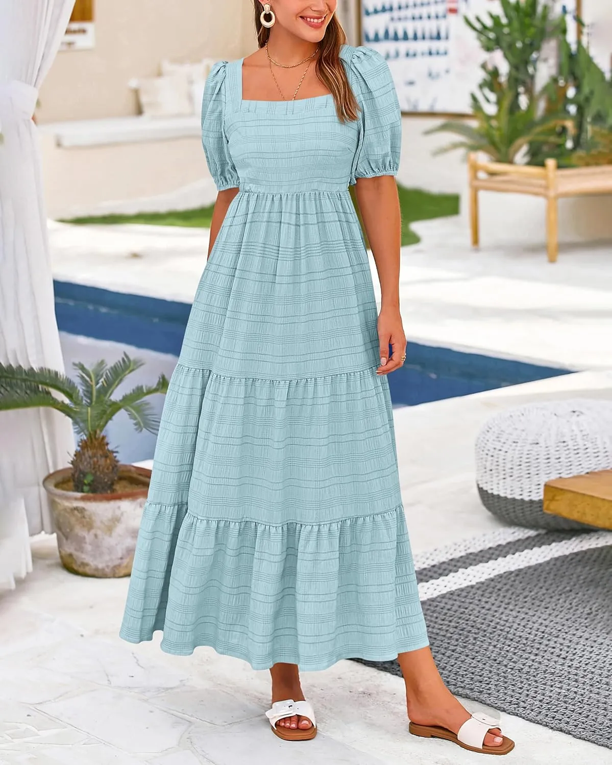 PRETTYGARDEN Women's Summer Dresses 2025 Puff Sleeve Square Neck High Waist Smocked A-Line Flowy Loose Fit Midi Dress