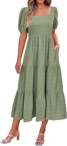 PRETTYGARDEN Women's Summer Dresses 2025 Puff Sleeve Square Neck High Waist Smocked A-Line Flowy Loose Fit Midi Dress