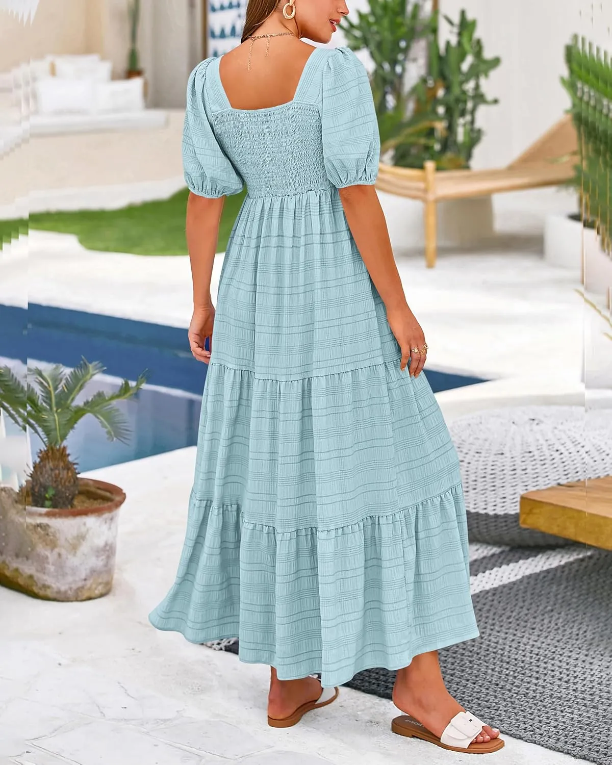 PRETTYGARDEN Women's Summer Dresses 2025 Puff Sleeve Square Neck High Waist Smocked A-Line Flowy Loose Fit Midi Dress