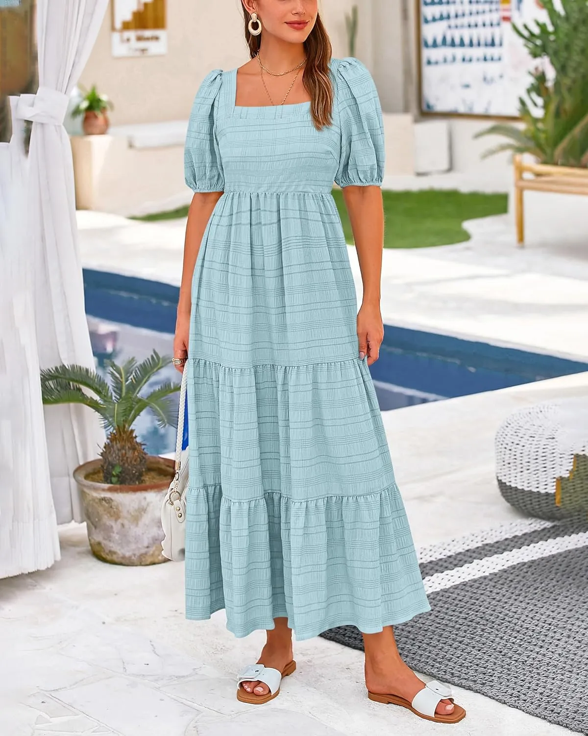 PRETTYGARDEN Women's Summer Dresses 2025 Puff Sleeve Square Neck High Waist Smocked A-Line Flowy Loose Fit Midi Dress