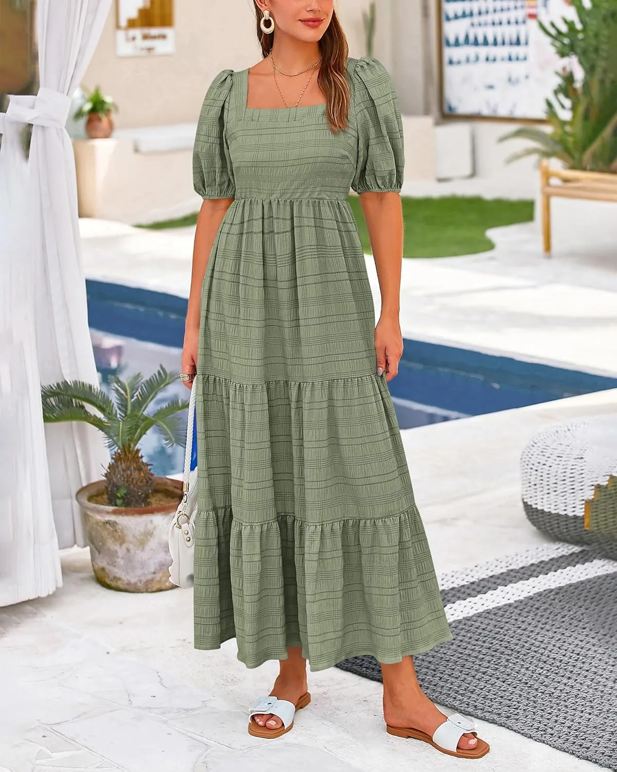 PRETTYGARDEN Women's Summer Dresses 2025 Puff Sleeve Square Neck High Waist Smocked A-Line Flowy Loose Fit Midi Dress