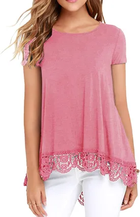 QIXING Women Tops Lace Trim O Neck A Line Tunic Blouse