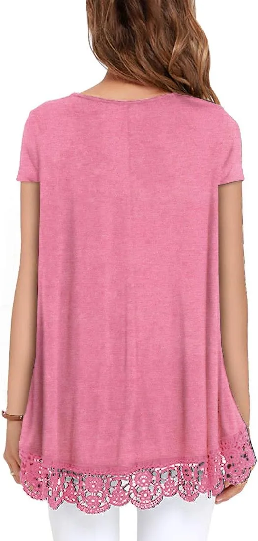 QIXING Women Tops Lace Trim O Neck A Line Tunic Blouse