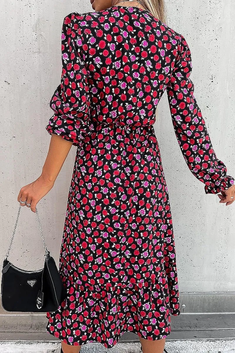 Red Floral Thigh Split Long Sleeve Tiered Hem Midi Dress