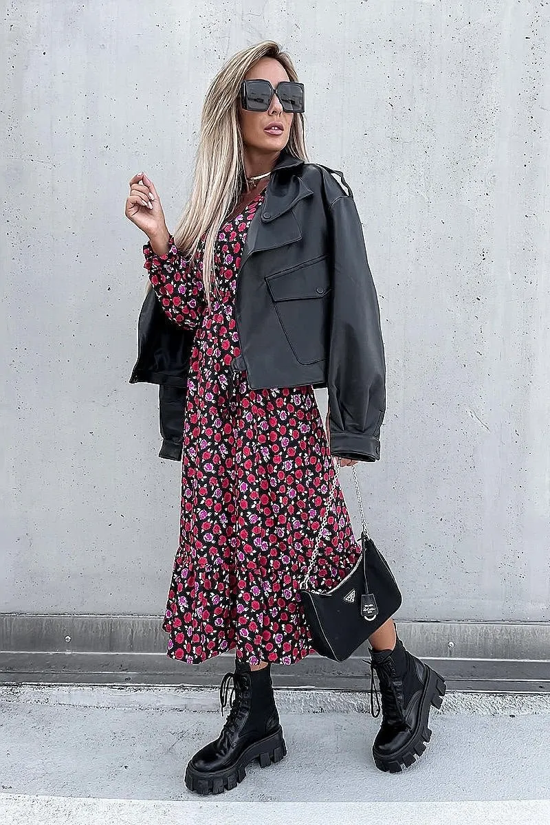 Red Floral Thigh Split Long Sleeve Tiered Hem Midi Dress