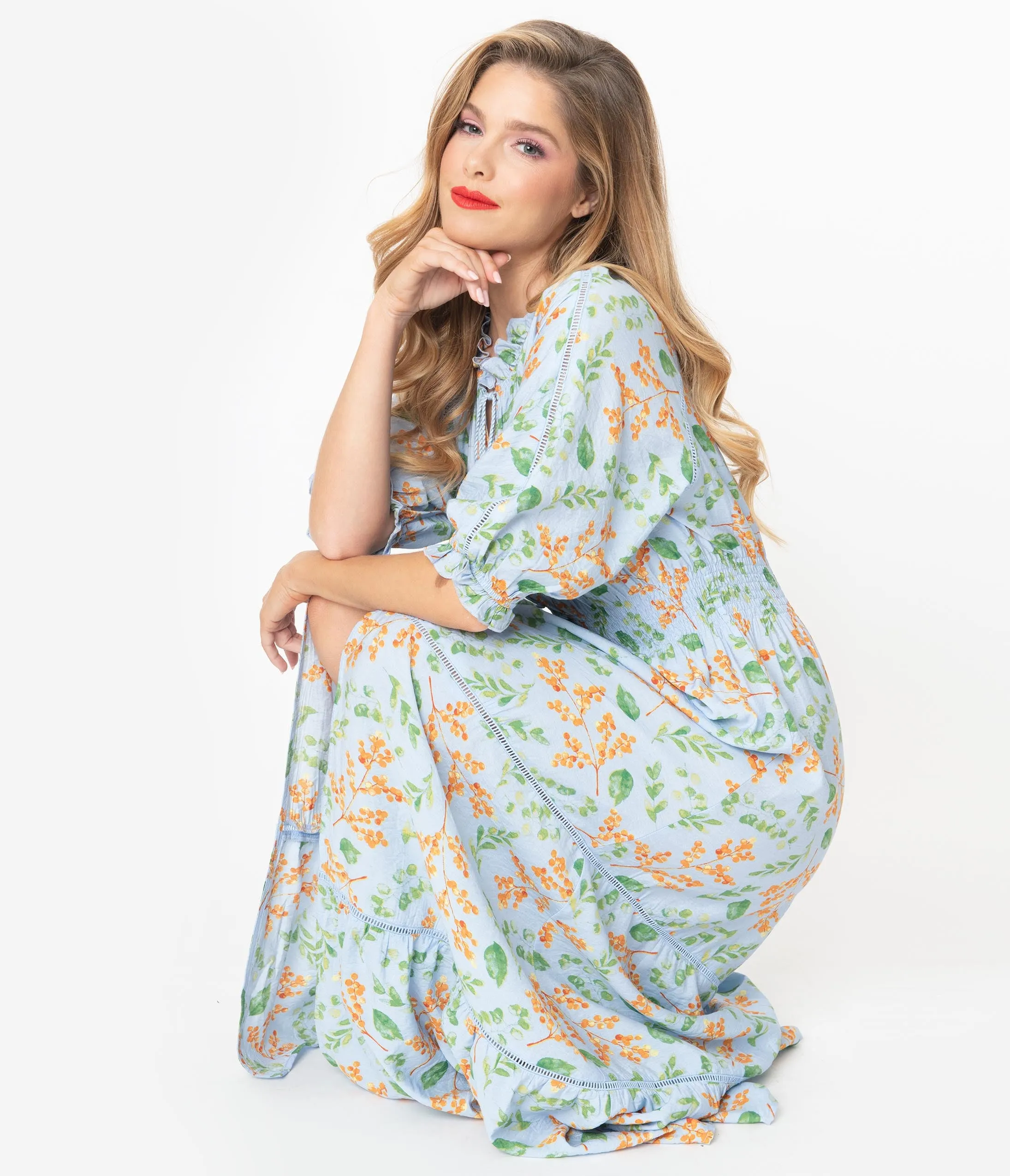 Retro Style Light Blue Floral Print Maxi Dress
