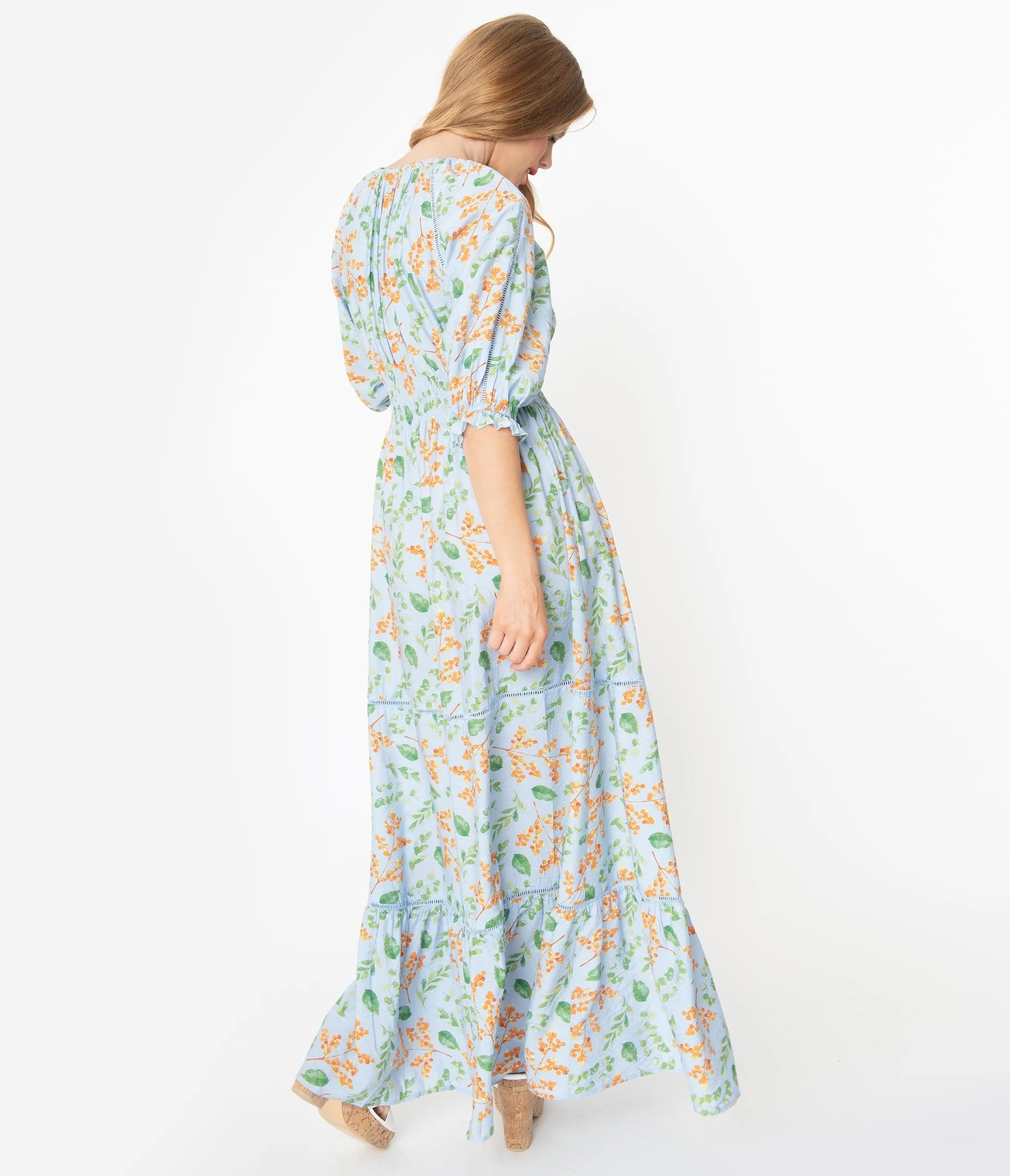 Retro Style Light Blue Floral Print Maxi Dress