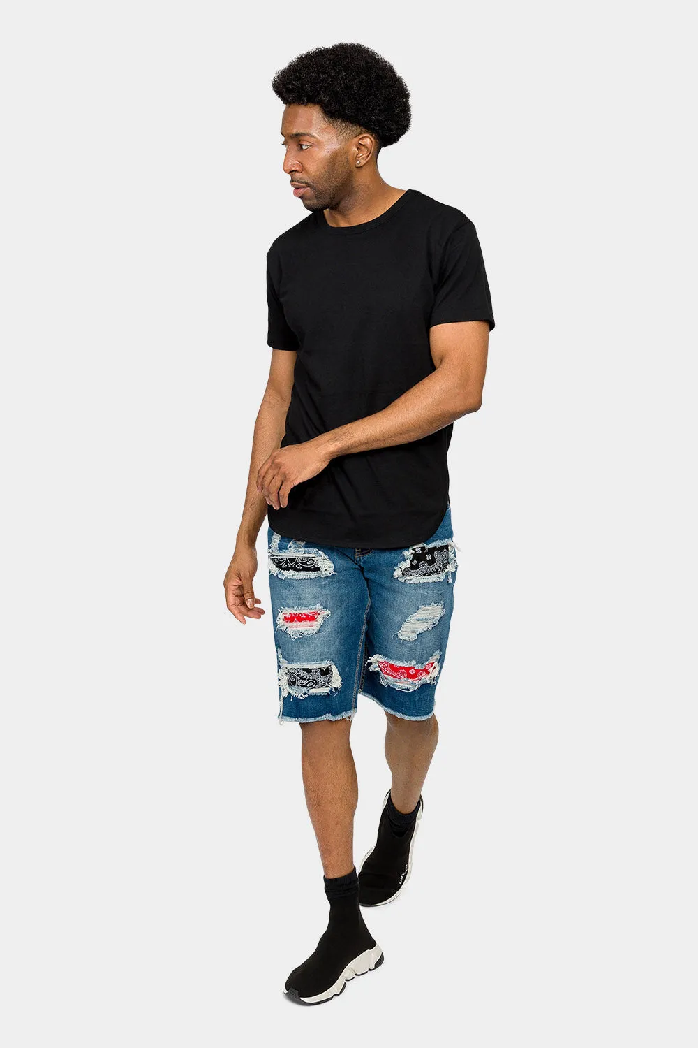 Ripped Bandana Repair Denim Shorts