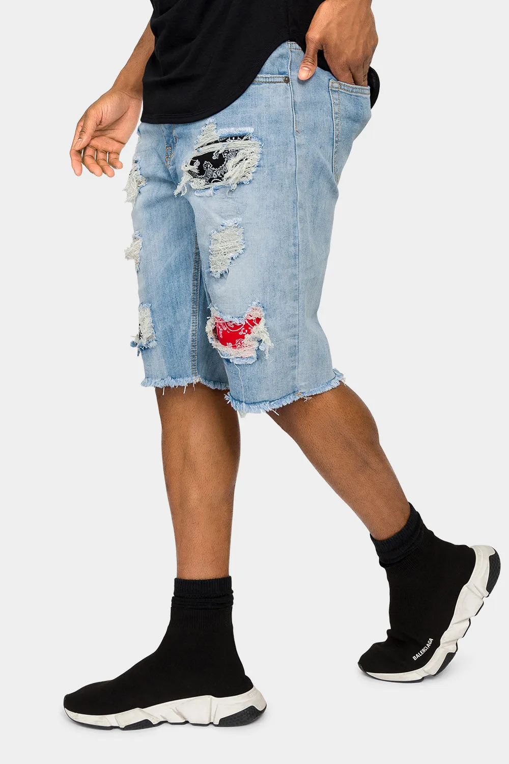 Ripped Bandana Repair Denim Shorts