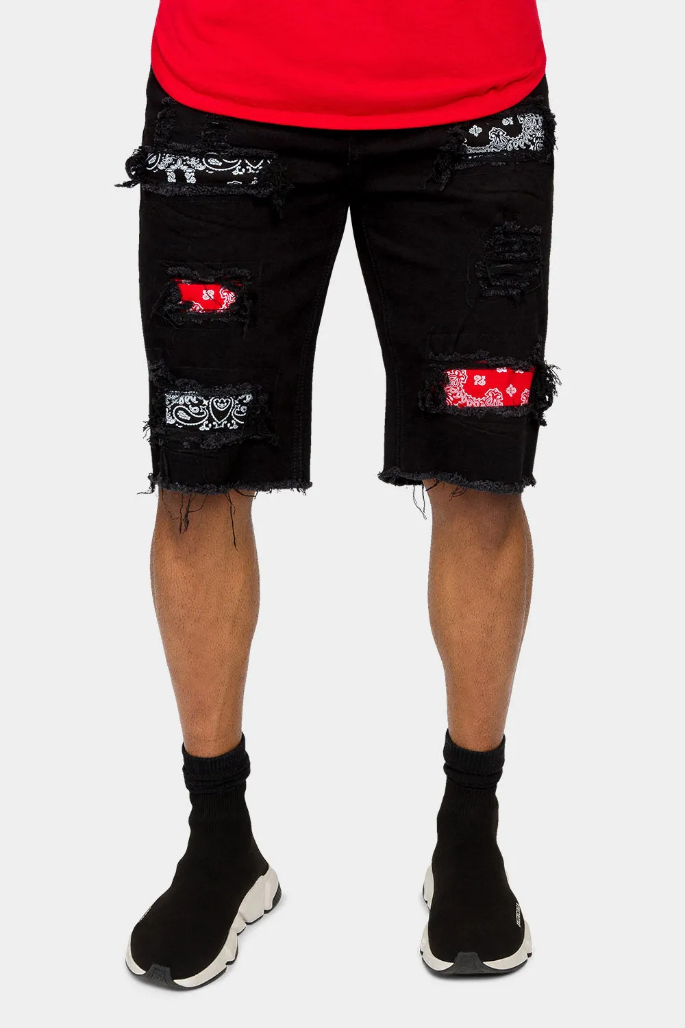 Ripped Bandana Repair Denim Shorts
