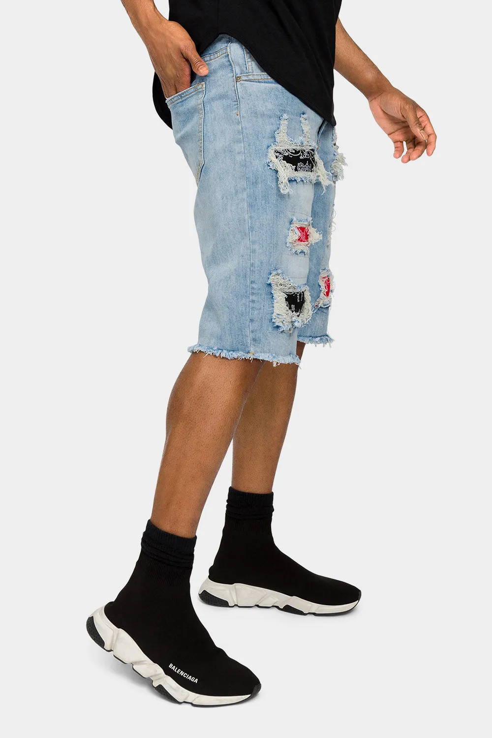 Ripped Bandana Repair Denim Shorts