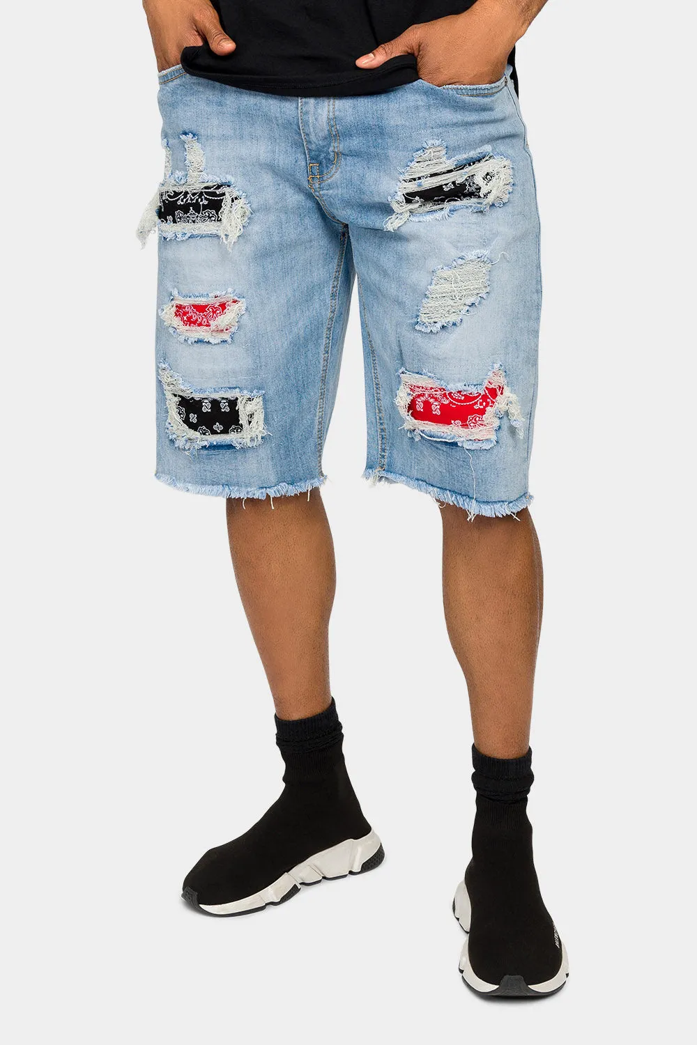 Ripped Bandana Repair Denim Shorts
