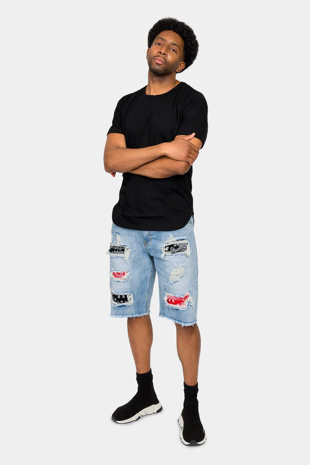 Ripped Bandana Repair Denim Shorts