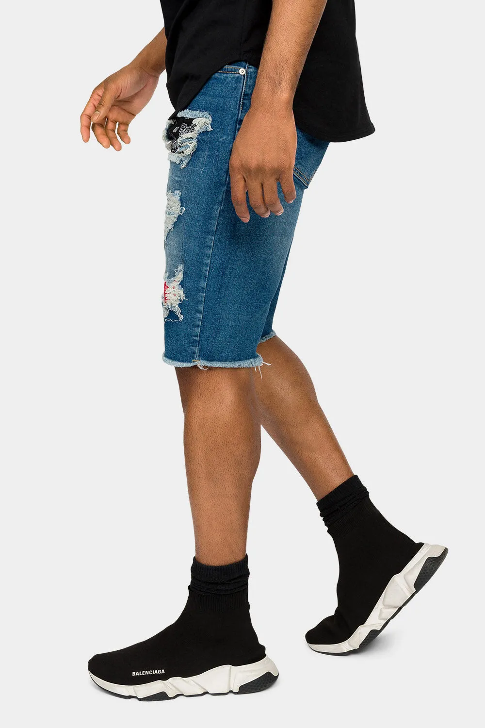 Ripped Bandana Repair Denim Shorts