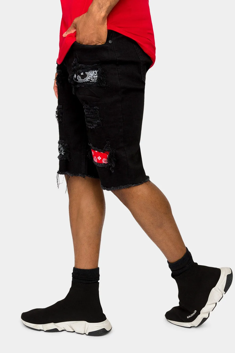 Ripped Bandana Repair Denim Shorts