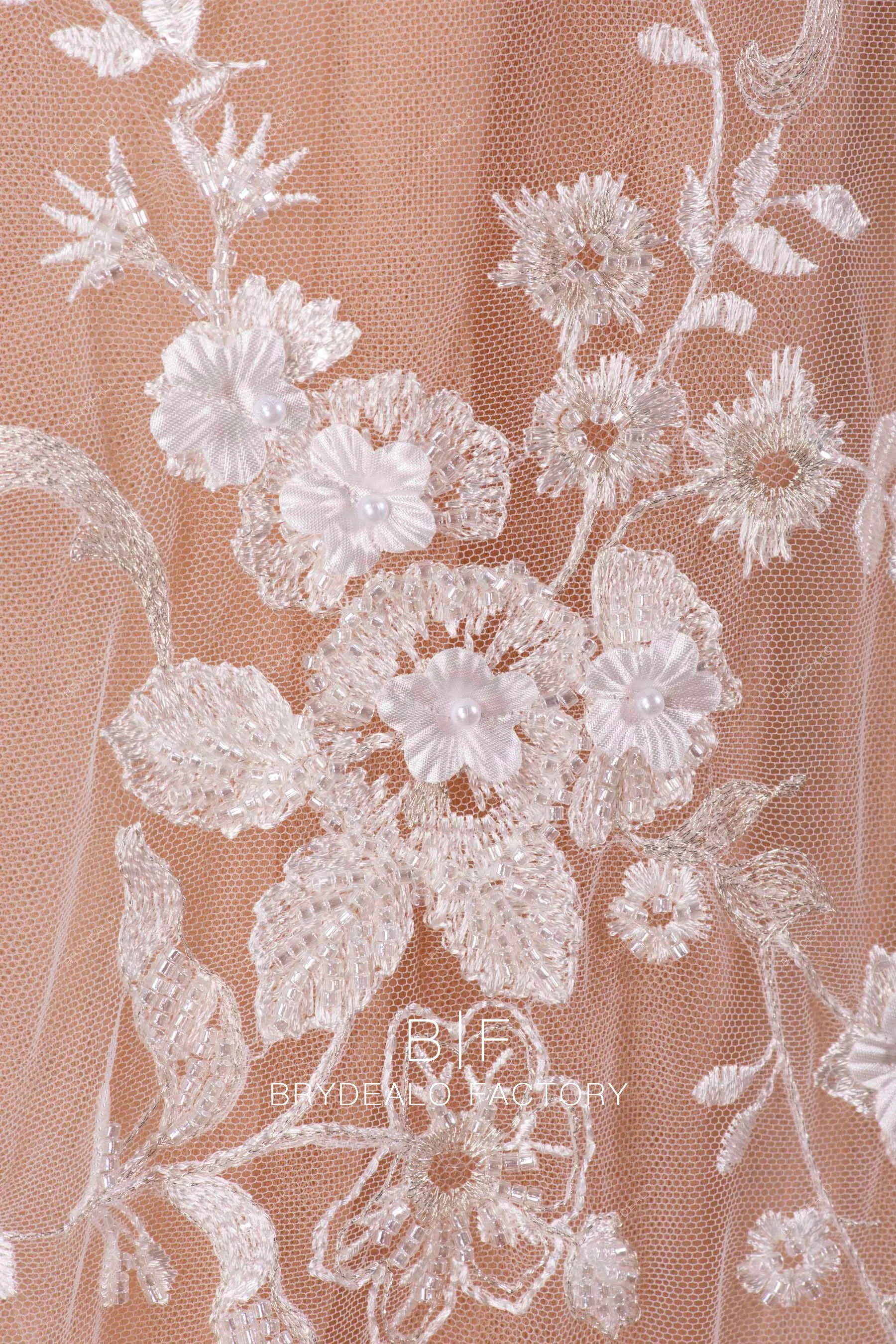 Romantic 3D Flower Beaded Champagne Accent Botany Embroidery Lace