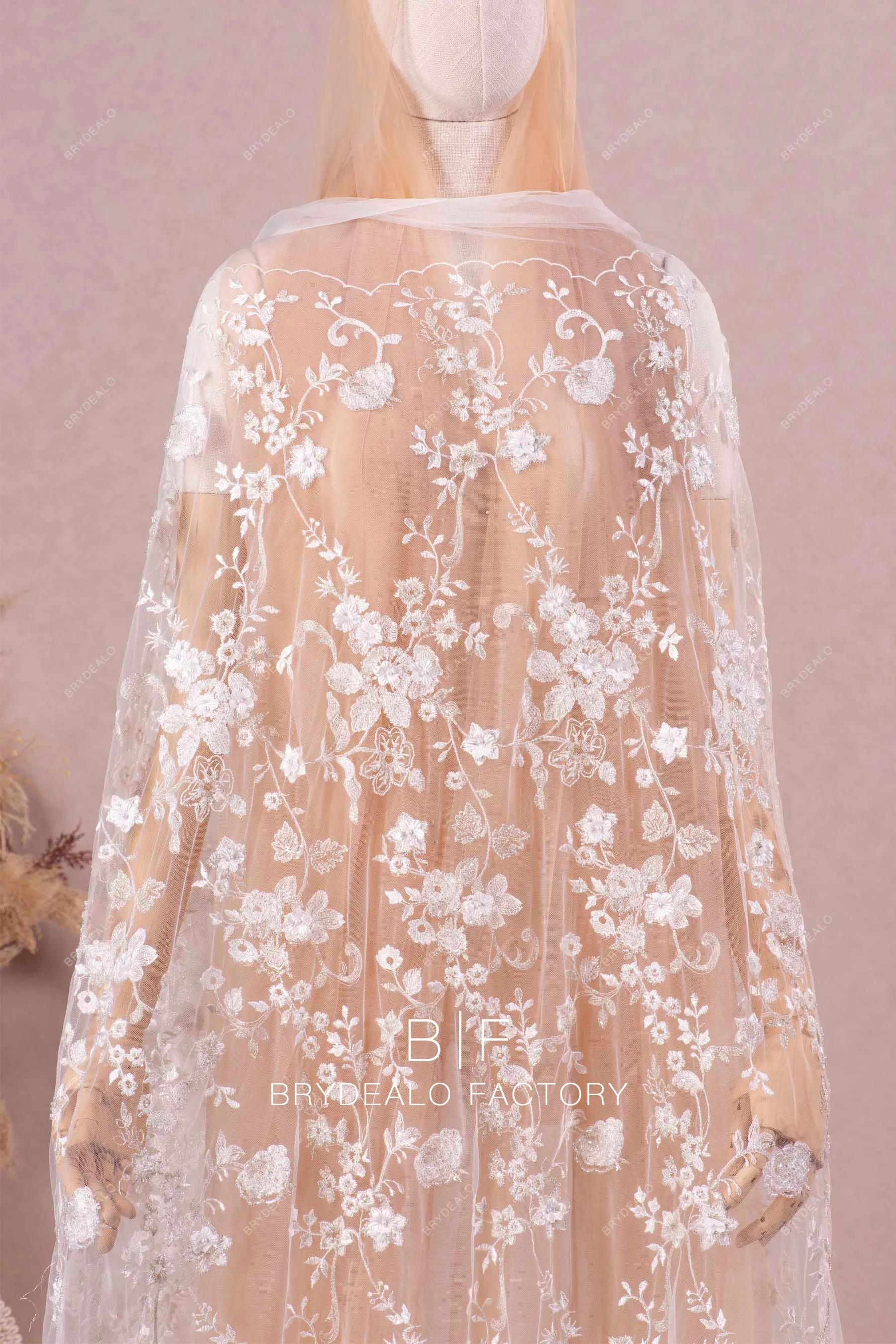 Romantic 3D Flower Beaded Champagne Accent Botany Embroidery Lace