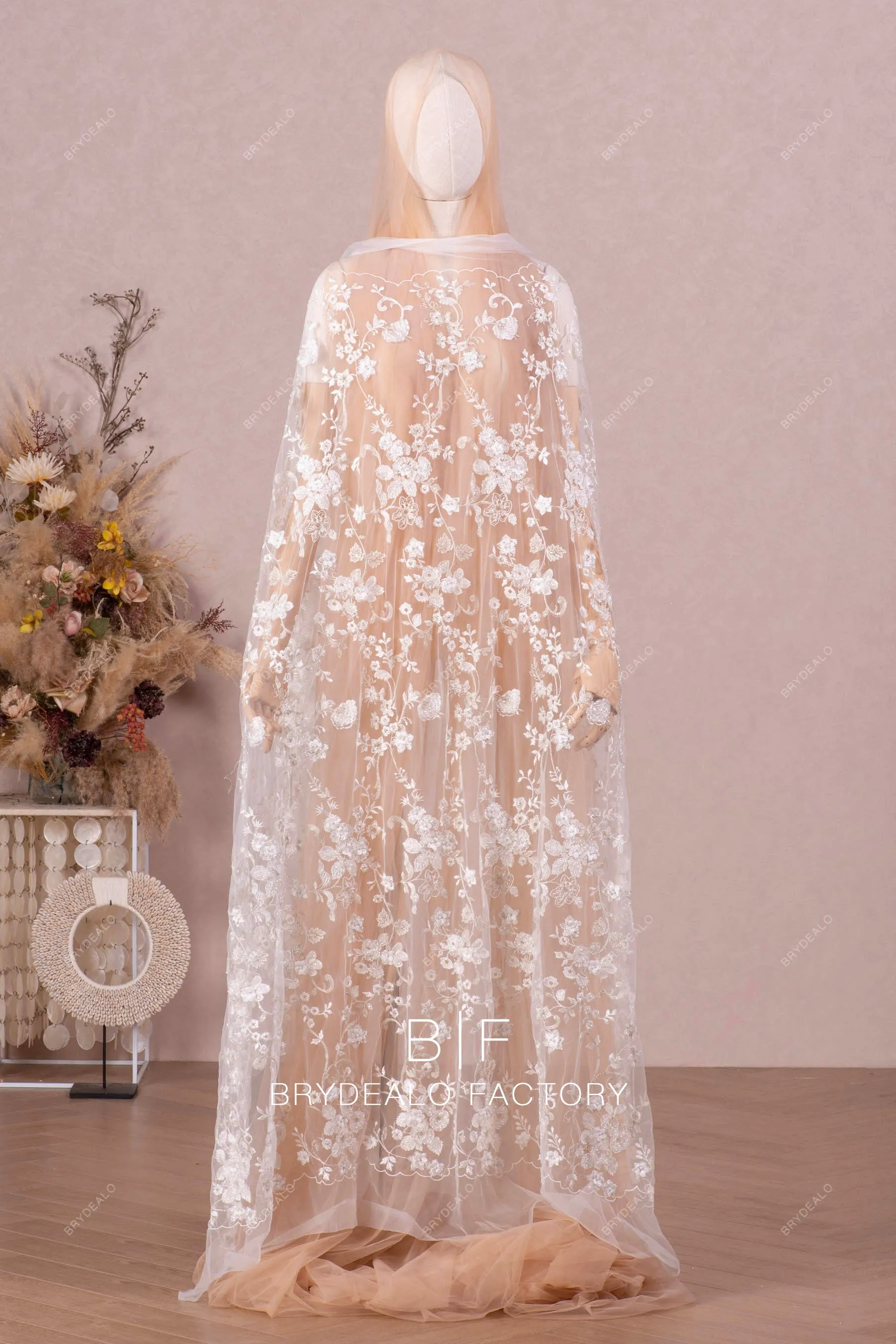 Romantic 3D Flower Beaded Champagne Accent Botany Embroidery Lace