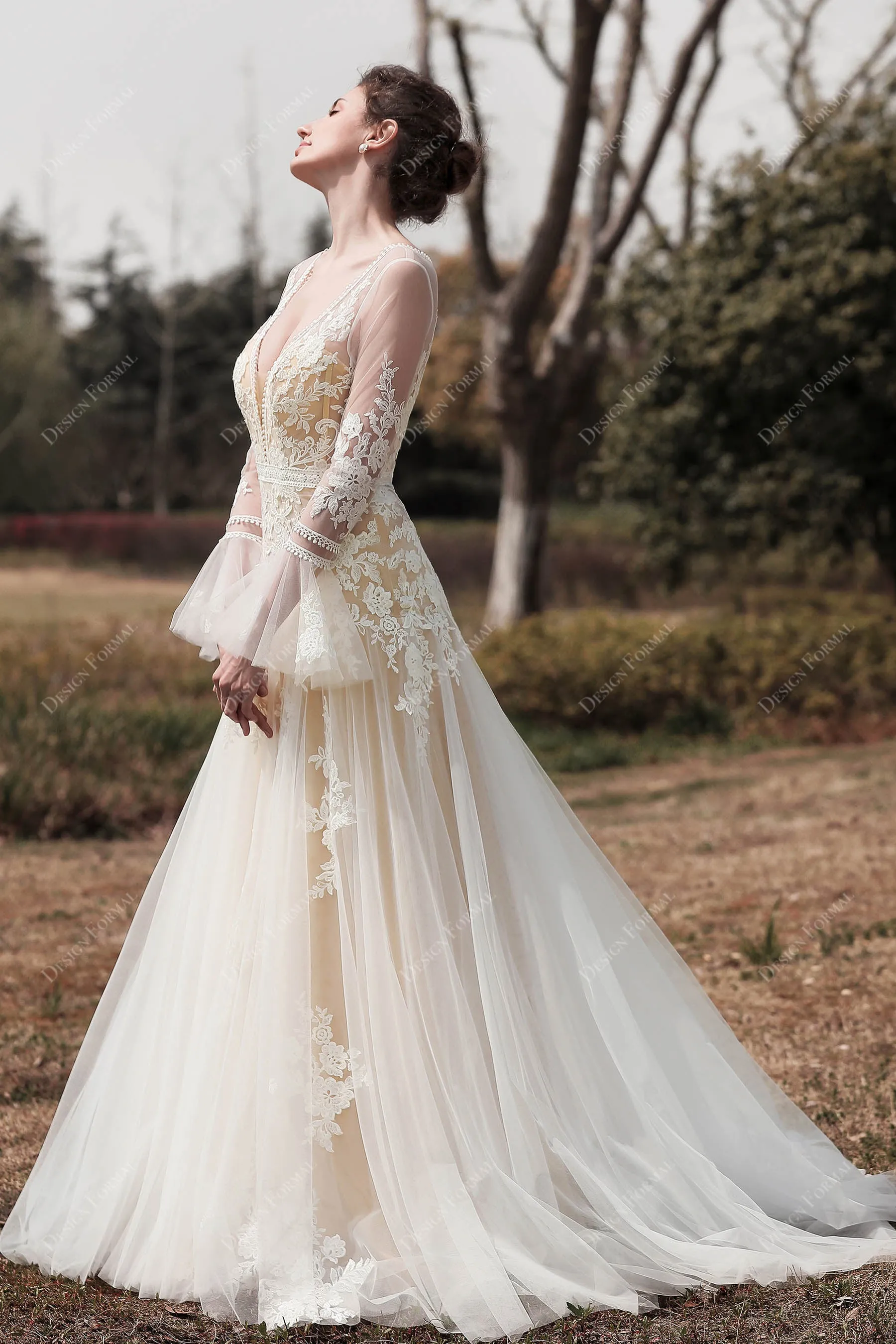 Romantic Bell Sleeve Boho Lace Slit Fit and Flare Nude Wedding Dress