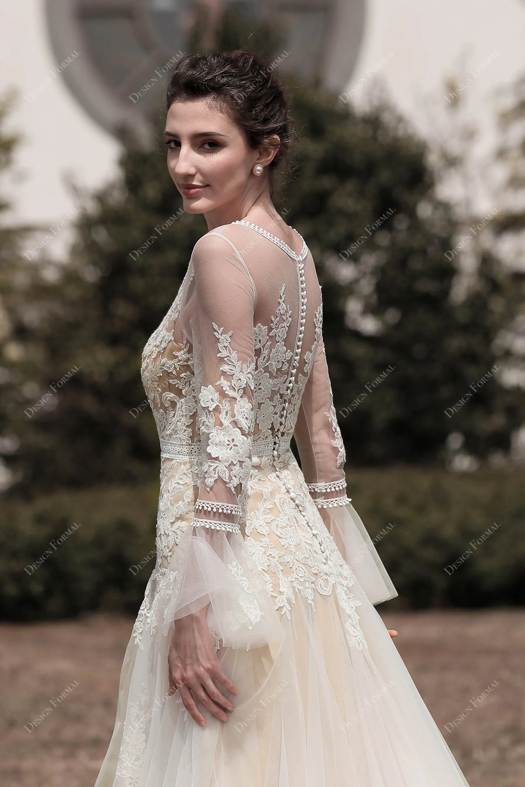 Romantic Bell Sleeve Boho Lace Slit Fit and Flare Nude Wedding Dress