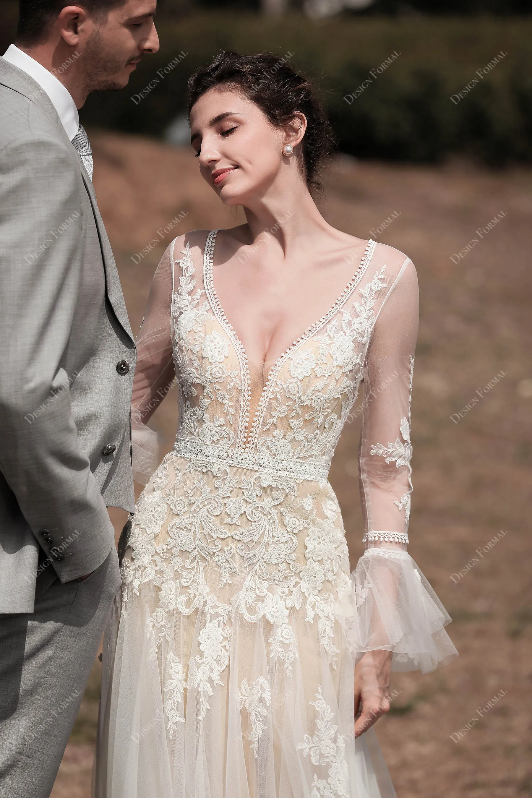 Romantic Bell Sleeve Boho Lace Slit Fit and Flare Nude Wedding Dress