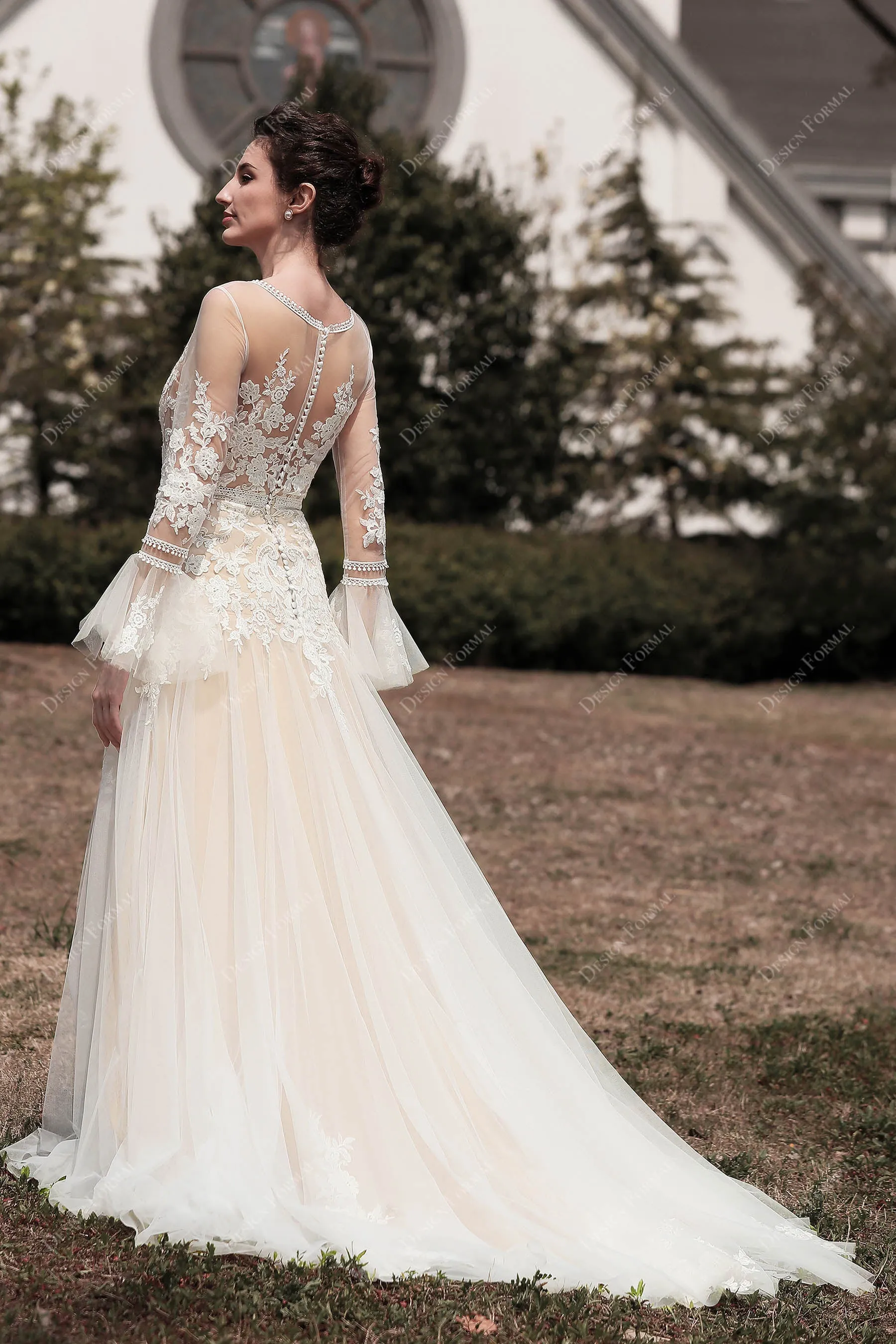 Romantic Bell Sleeve Boho Lace Slit Fit and Flare Nude Wedding Dress