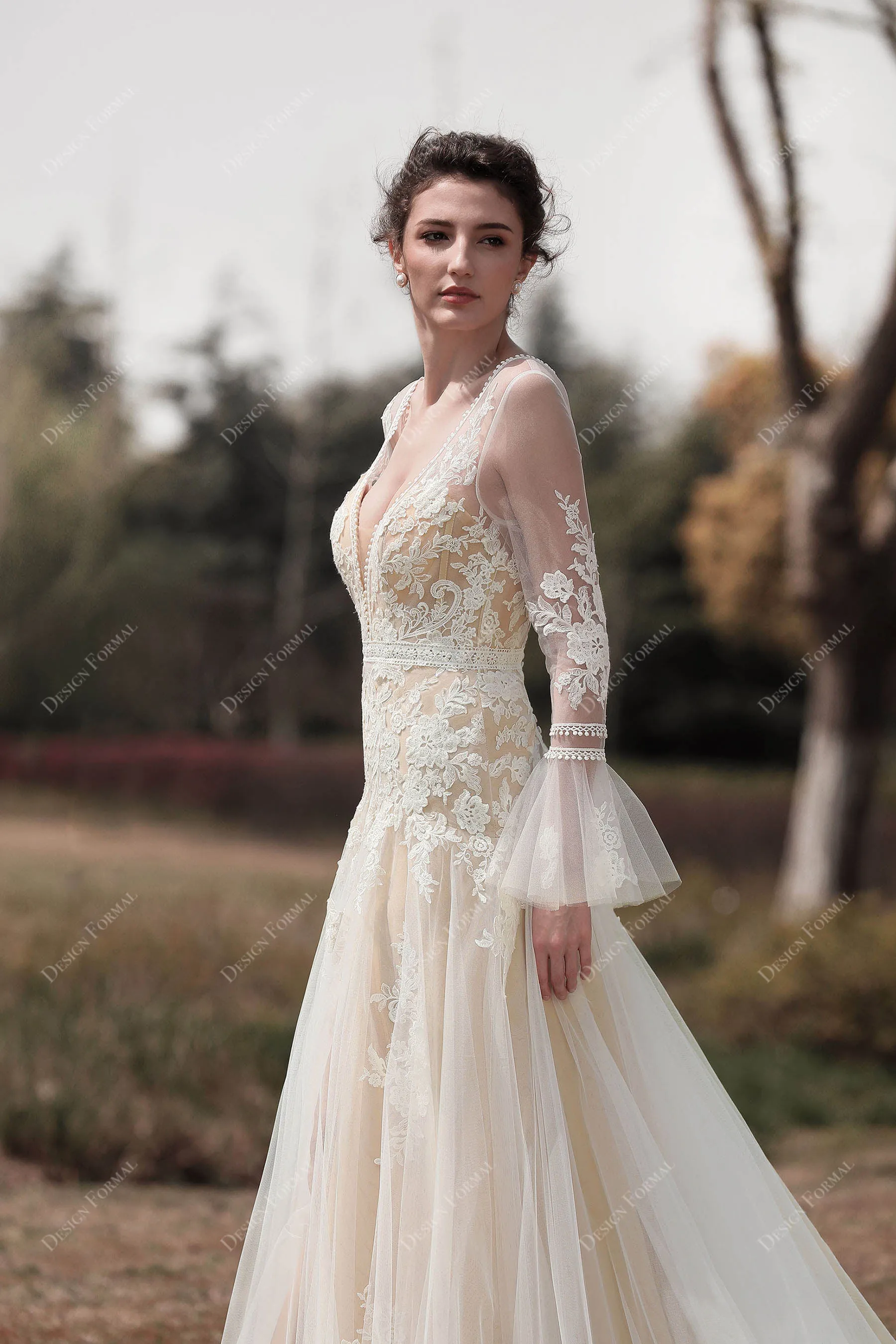 Romantic Bell Sleeve Boho Lace Slit Fit and Flare Nude Wedding Dress