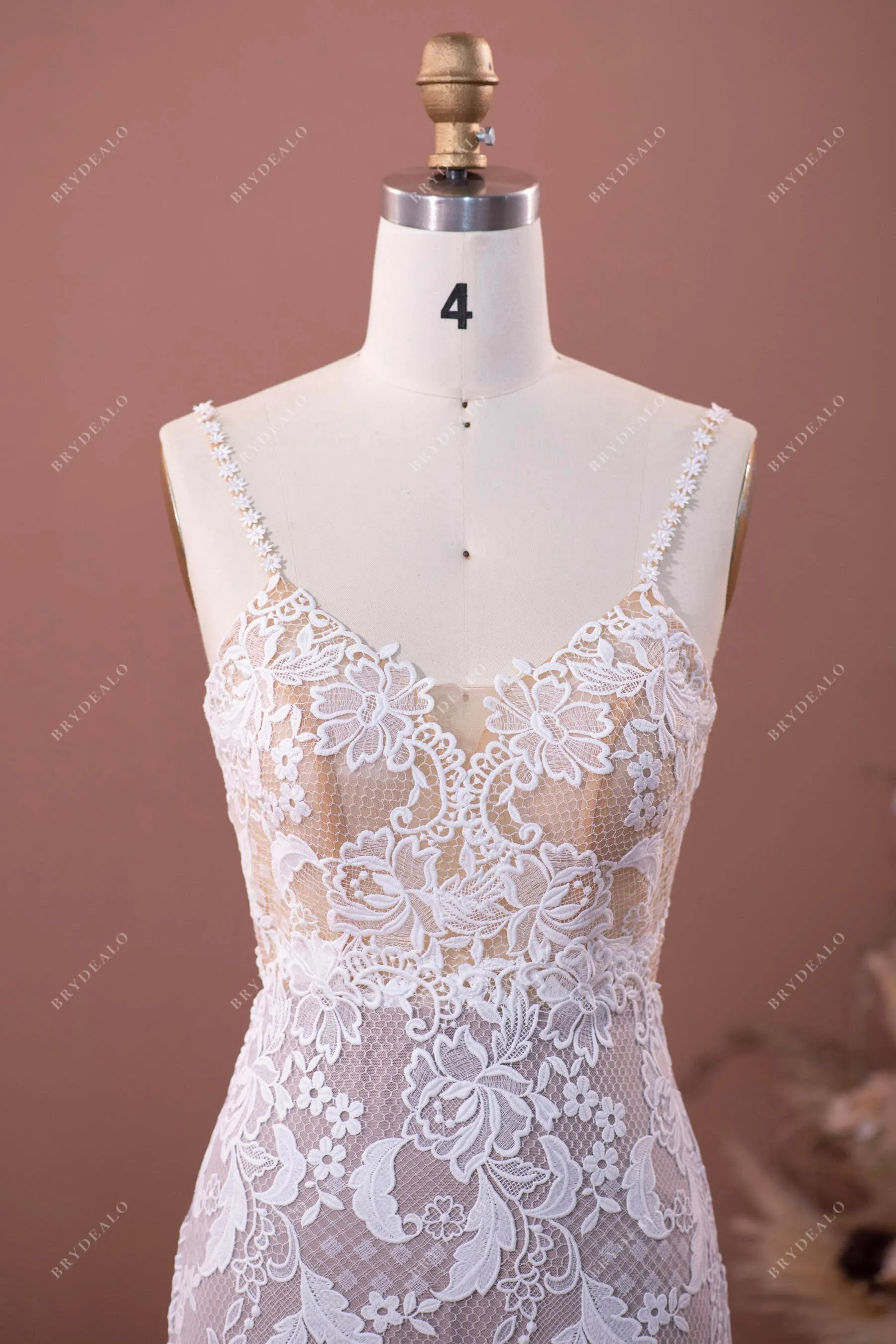 Romantic Flower Straps Lace Nude Beige Mermaid Wedding Dress