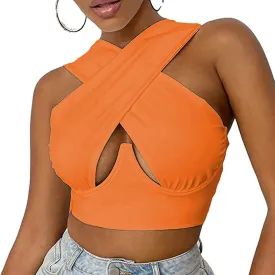Sexy Women's Cut Out Crisscross Wrap Crop Top Halter Solid Vest Cami Tank Tops