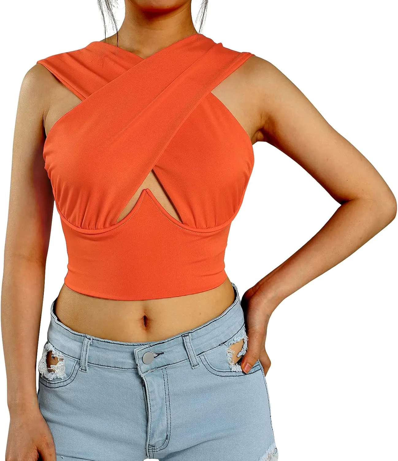 Sexy Women's Cut Out Crisscross Wrap Crop Top Halter Solid Vest Cami Tank Tops