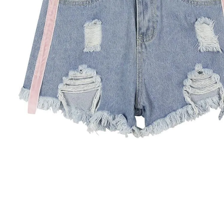 Side Pink Lines Light Blue Denim Holes Jean Shorts