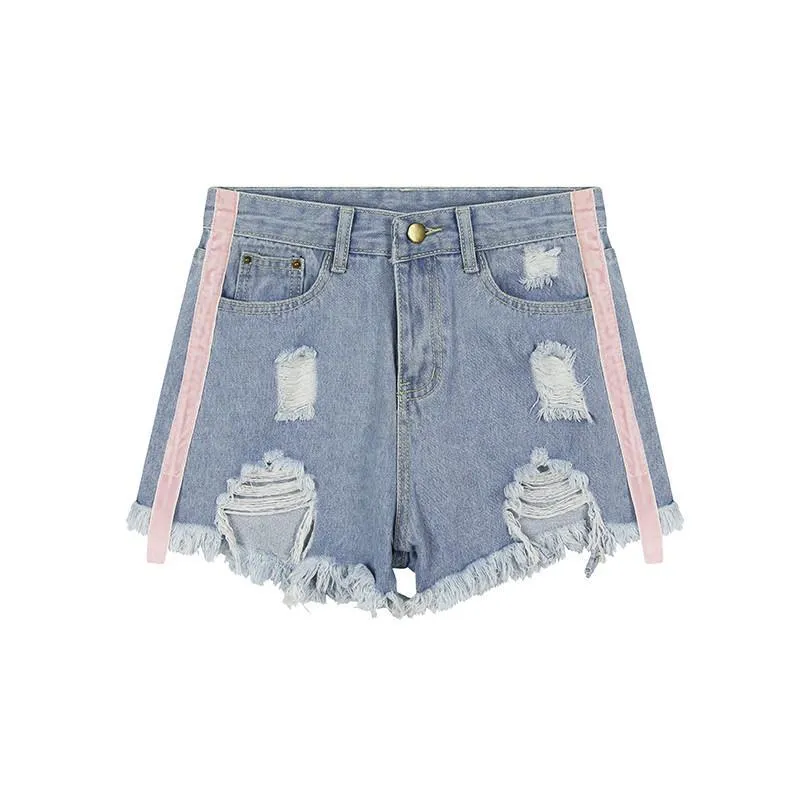 Side Pink Lines Light Blue Denim Holes Jean Shorts