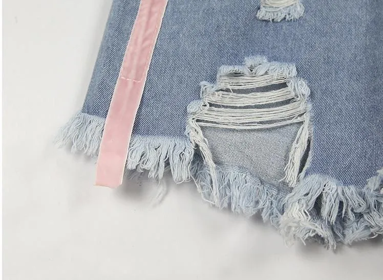 Side Pink Lines Light Blue Denim Holes Jean Shorts
