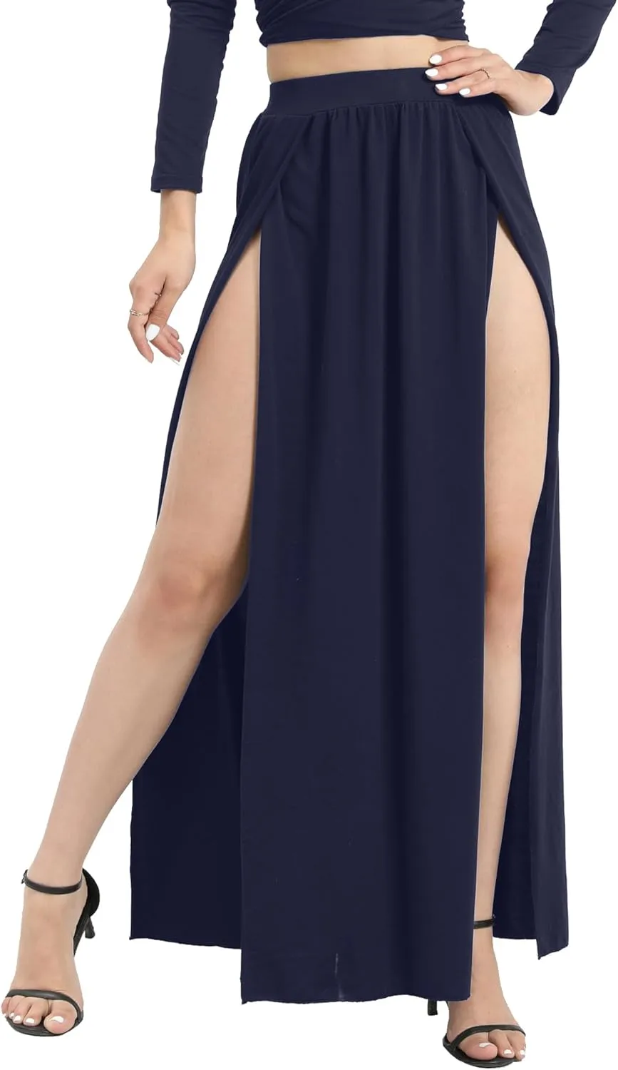 SILUI Women's High Waist Double Slit Sexy Plus Size Thigh Split Flowy Long Maxi Skirt