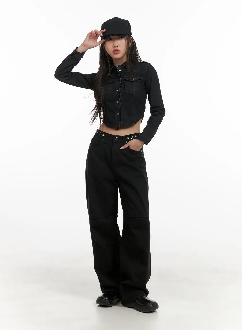 Stud Waist Wide Leg Pants CY403