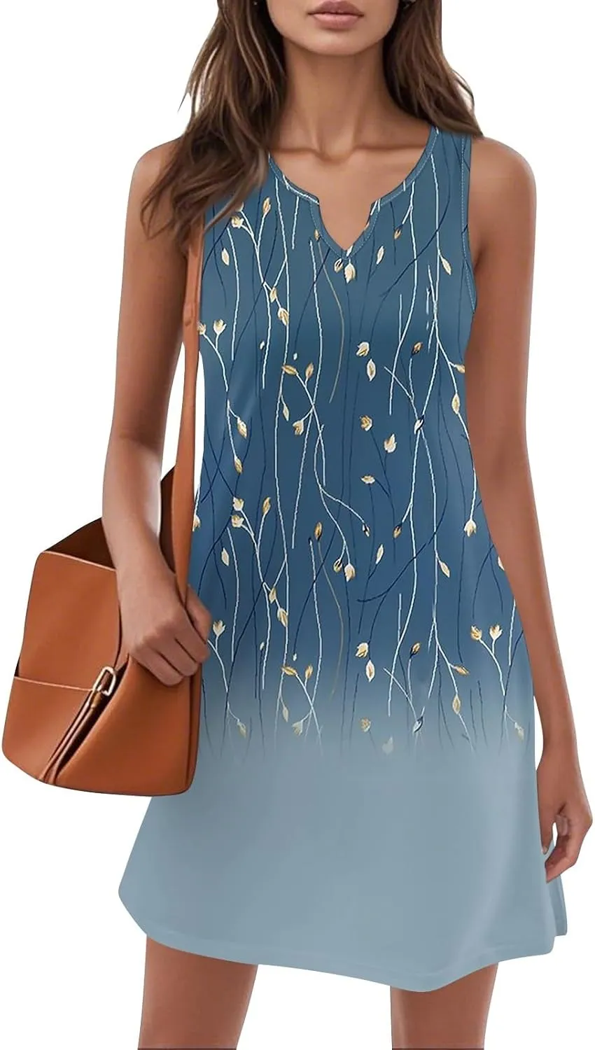 Summer Dresses for Women V Neck Sundresses Casual Beach Tank Dress Floral T Shirt Dresses Loose Sleeveless Sleep Dress