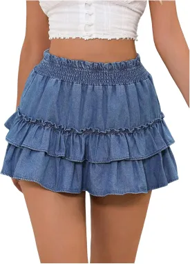 SweatyRocks Women's Ruffle Tiered Layered A Line High Waist Smocked Mini Denim Skirts
