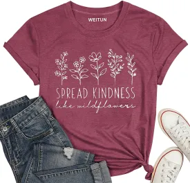 Teacher Shirts for Women Spread Kindness Like Wildflower T-Shirt Casual Plant Lover Tee Tops