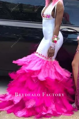 Two-Tone Plunging Neck Hot Pink Feather Trumpet Prom Dress
