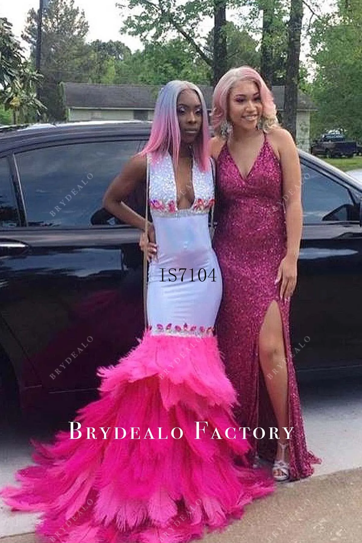 Two-Tone Plunging Neck Hot Pink Feather Trumpet Prom Dress
